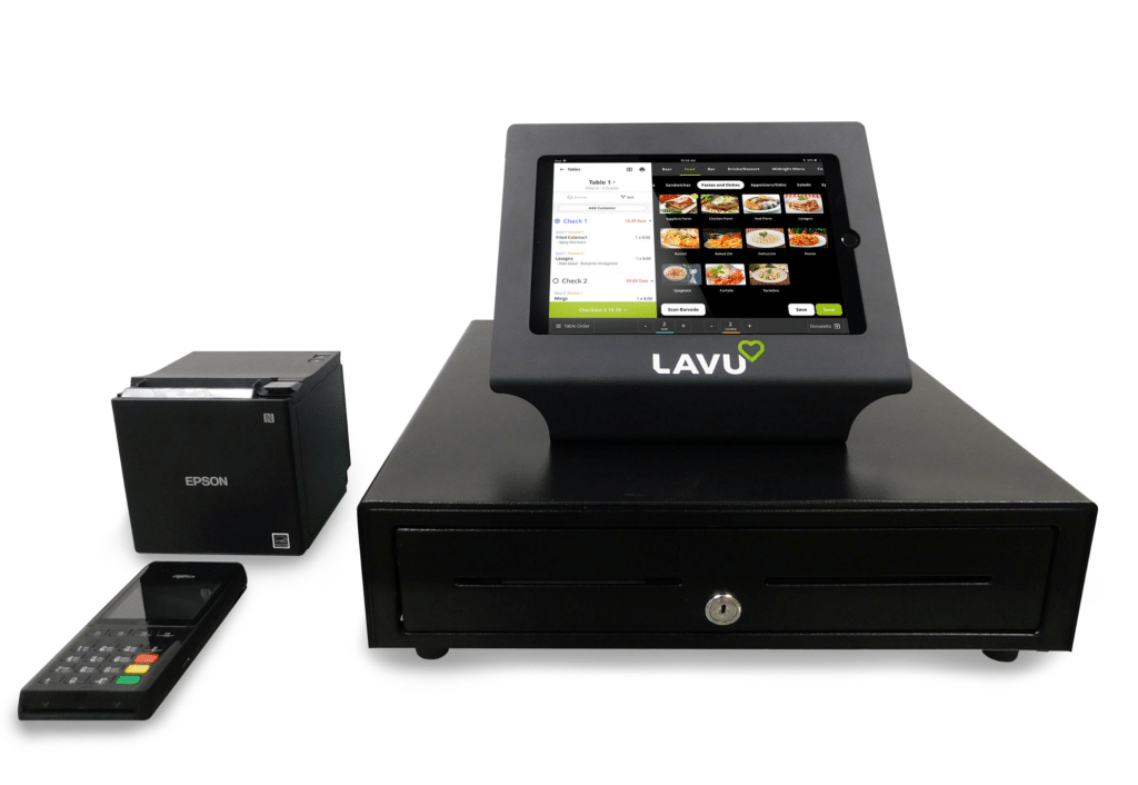 Lavu POS system with an iPad displaying a visual food menu, mounted on a cash drawer, alongside an Epson receipt printer and a card reader, all in black.