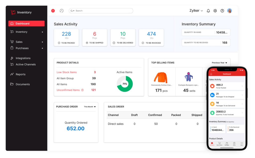 Zoho inventory desktop and smarthone user interface