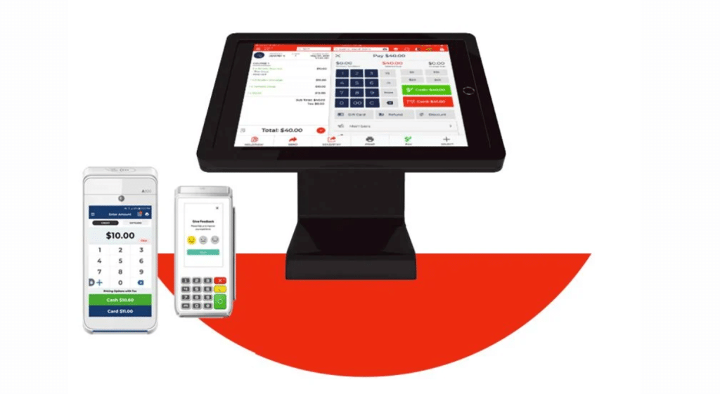 A Quantic POS system featuring a tablet on a stand, a handheld terminal, and a card reader, set against a red accent background.