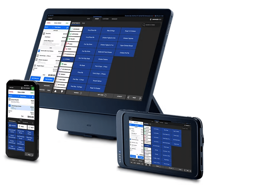 A SkyTab point of sale system with a large touchscreen terminal, a handheld tablet, and a smartphone, all displaying restaurant order and menu screens in navy blue and dark tones.