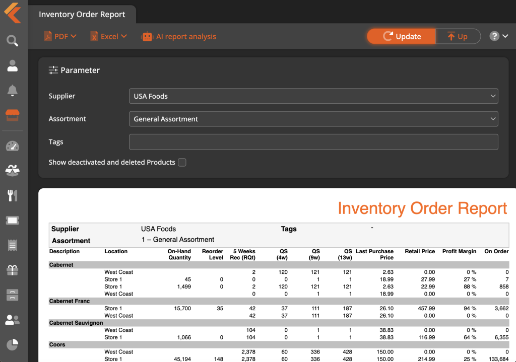 Screenshot of Inventory Order Report in KORONA Studio