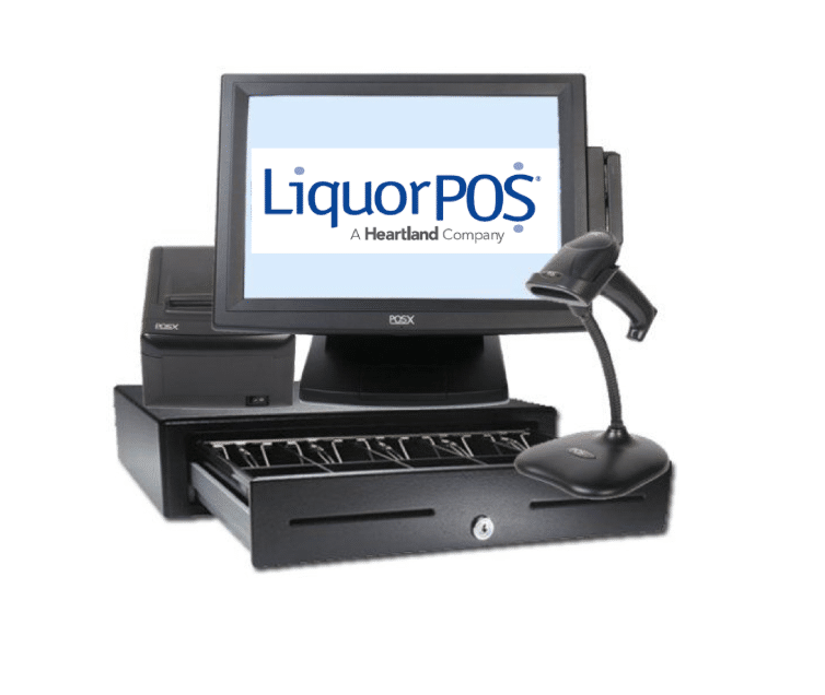 LiquorPOS by Heartland running on a touchscreen POS terminal with receipt printer, scanner, and cash drawer