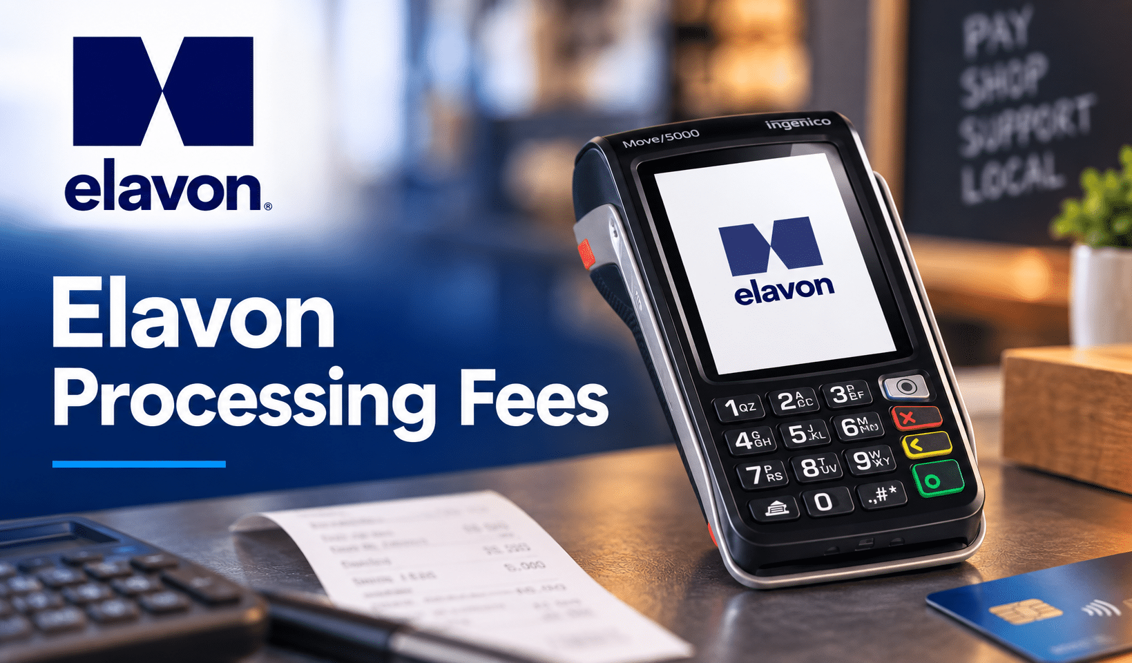 Elavon Processing Fees banner showing an Elavon card terminal beside a receipt, calculator, and credit card.