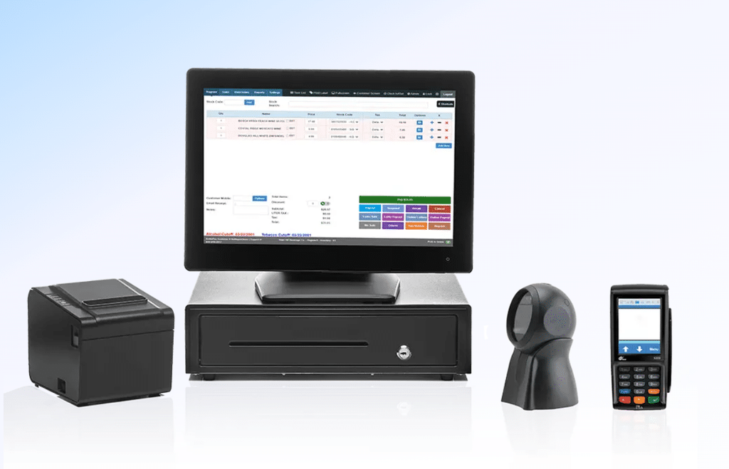 Point of sale hardware setup with a touchscreen register, receipt printer, cash drawer, barcode scanner, and card terminal belonging to Bottle POS