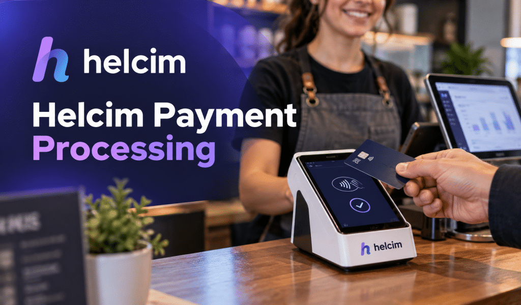 Customer tapping a card on a Helcim terminal while a smiling cashier looks on at the counter.